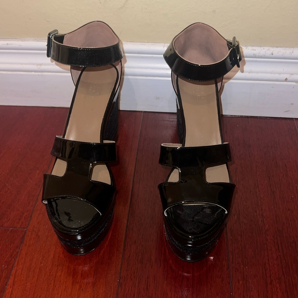 Authentic!!! Hermes Black Patent Leather Ilana Espadrille Wedges Sandals Size 39
